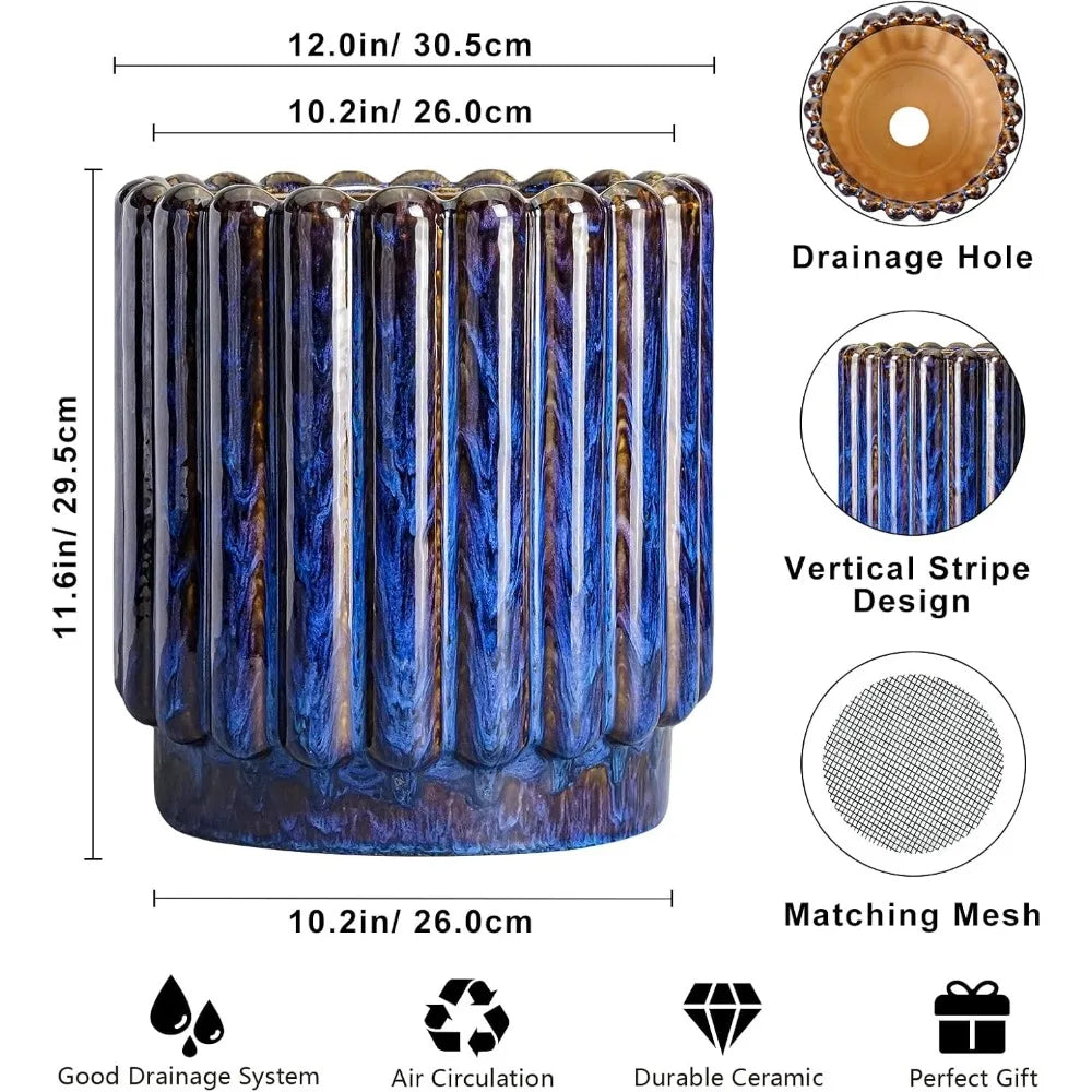 12” Peacock Blue Fluted Ceramic Planter