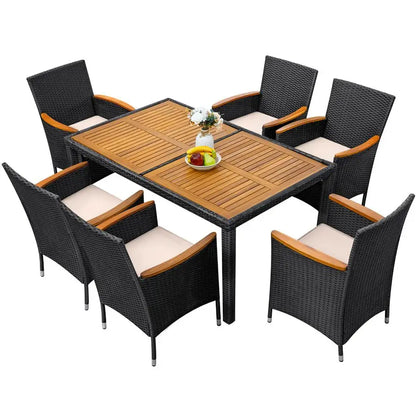 7 Piece Outdoor Dining Set with Cushioned Seating and Wood Table