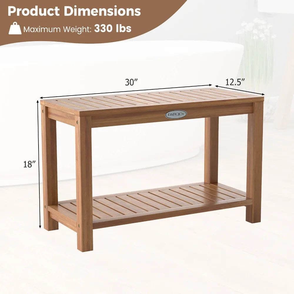 Teak Wood Shower Bench with 2-Tier Storage