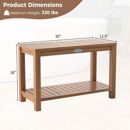 Teak Wood Shower Bench with 2-Tier Storage