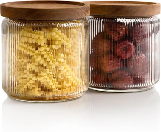 Ribbed Glass Canisters with Acacia Lids