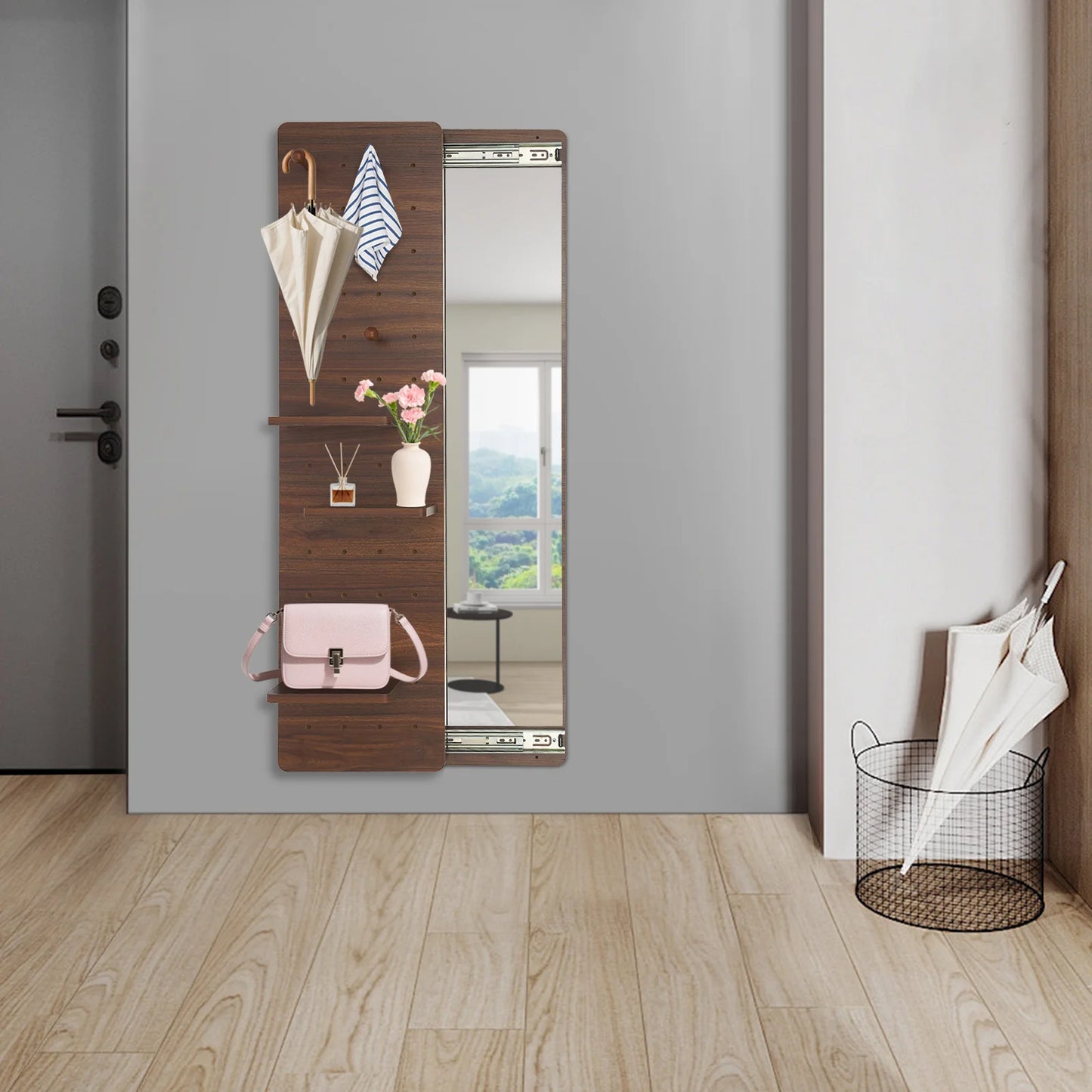 Wall-Mounted Mirror with Adjustable Storage Pegboard