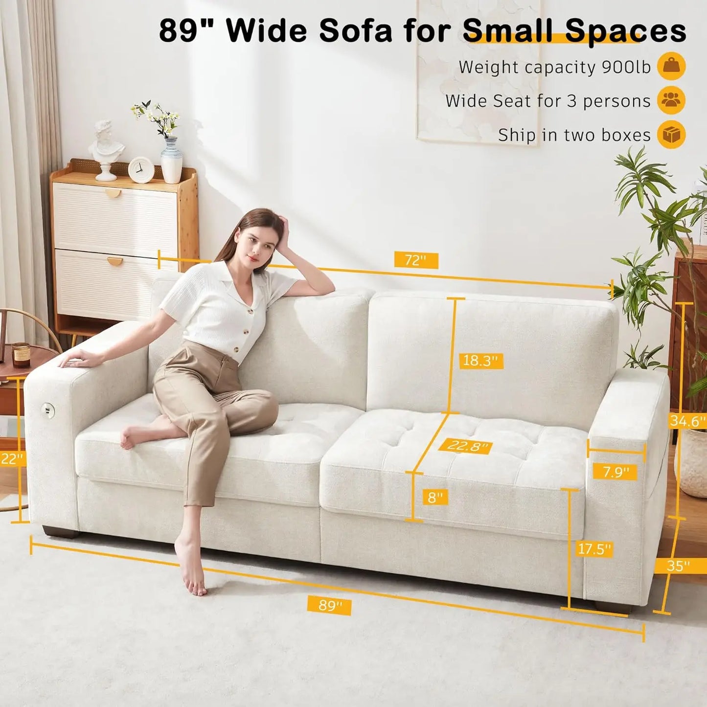 Chenille Sofa with USB Ports and Deep Cushion Comfort