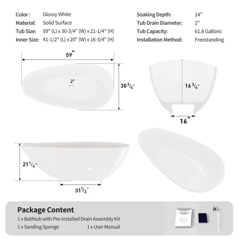 59” Glossy White Solid Surface Freestanding Soaking Tub