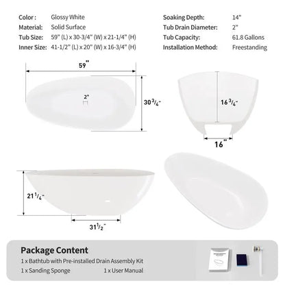 59” Glossy White Solid Surface Freestanding Soaking Tub