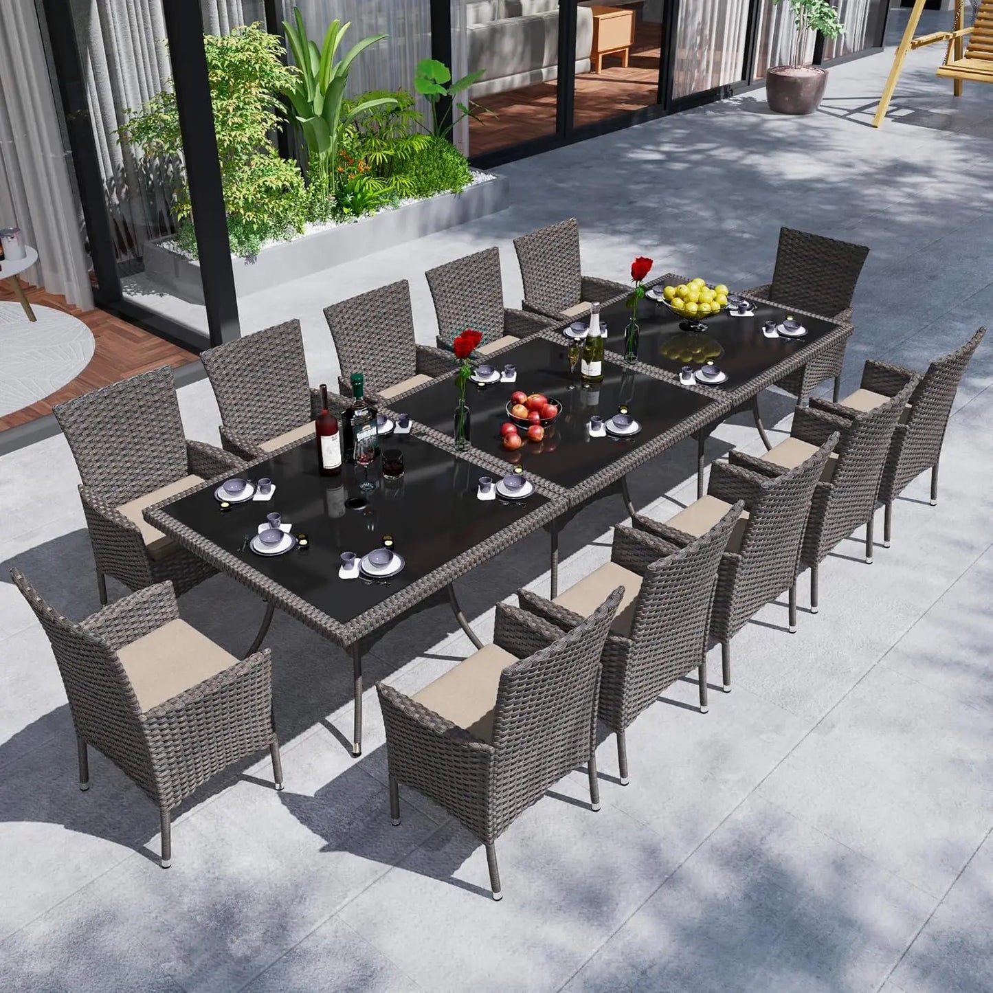 Wicker Dining Set with Glass Table and Cushioned Seating