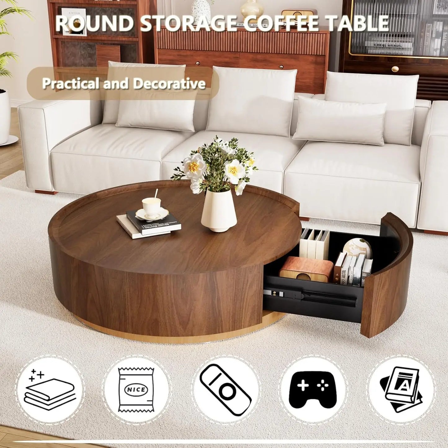 Round Drum Coffee Table with Hidden Storage
