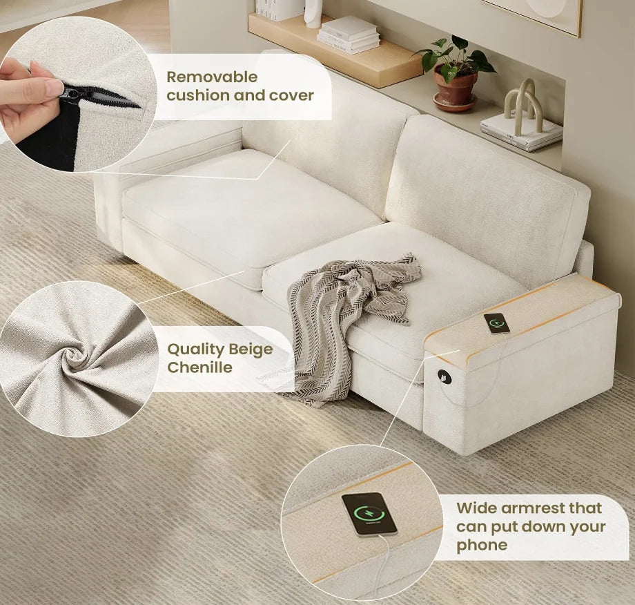 Modern Sofa with Hidden Storage and USB Charging
