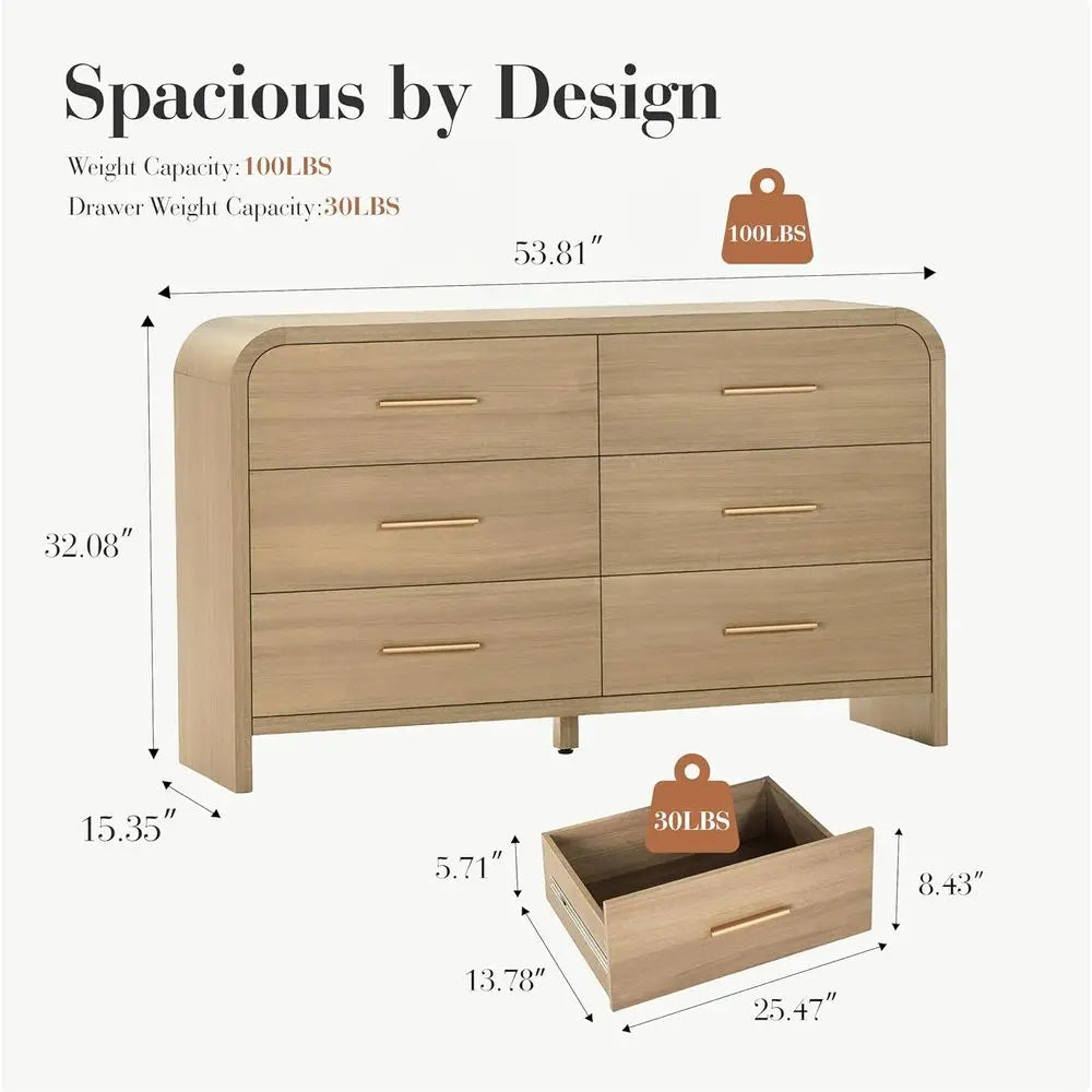 Curved 6-Drawer Wood Dresser with Modern Details