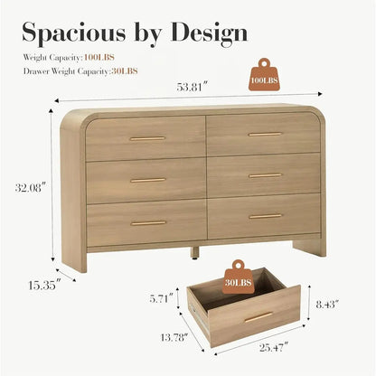 Curved 6-Drawer Wood Dresser with Modern Details