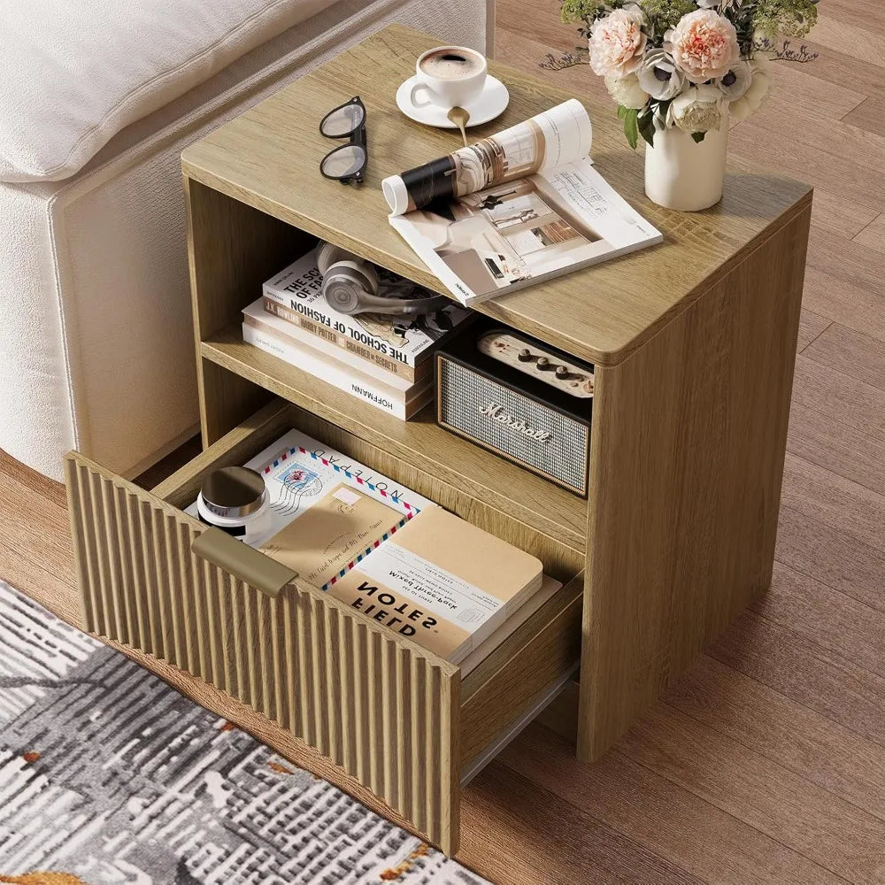 Fluted Wood Nightstand Set With Modern Storage Design
