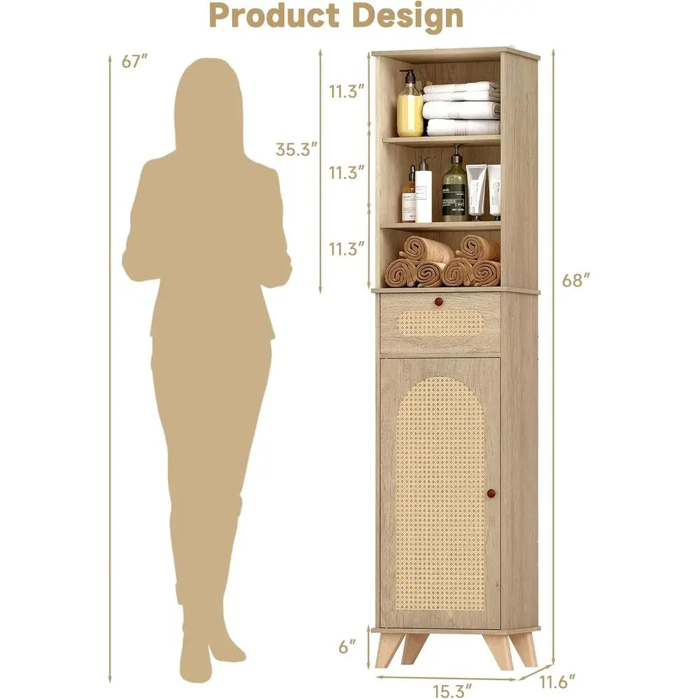 Tall Rattan Storage Cabinet with Arched Doors