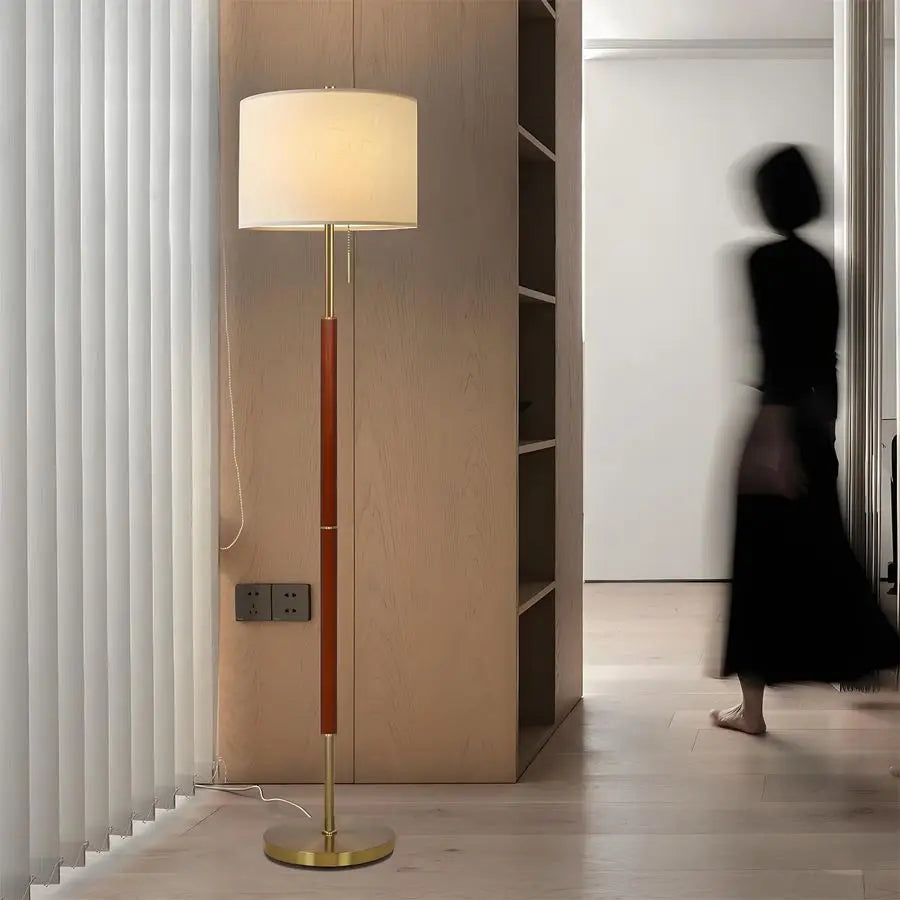 Mid-Century Floor Lamp with Linen Shade and Pull Chain
