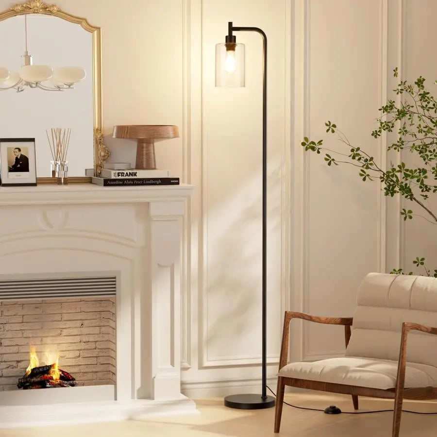 Modern Black Floor Lamp with Glass Shade and Foot Switch