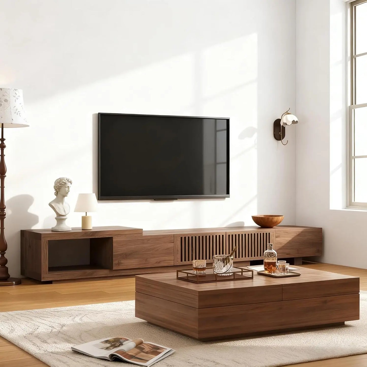 Mid Century Living Room Set with Lift Top Coffee Table and TV Stand