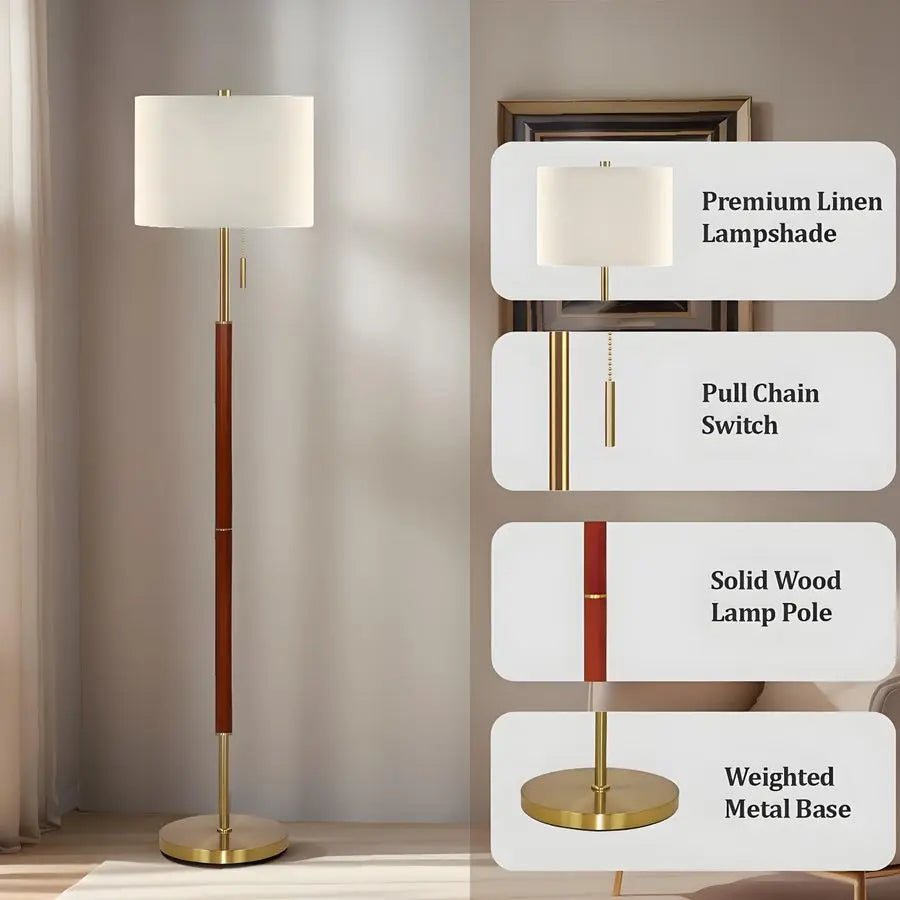 Mid-Century Floor Lamp with Linen Shade and Pull Chain