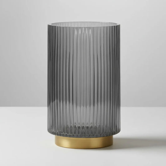 Grey Ribbed Glass Vase with Gold Trim