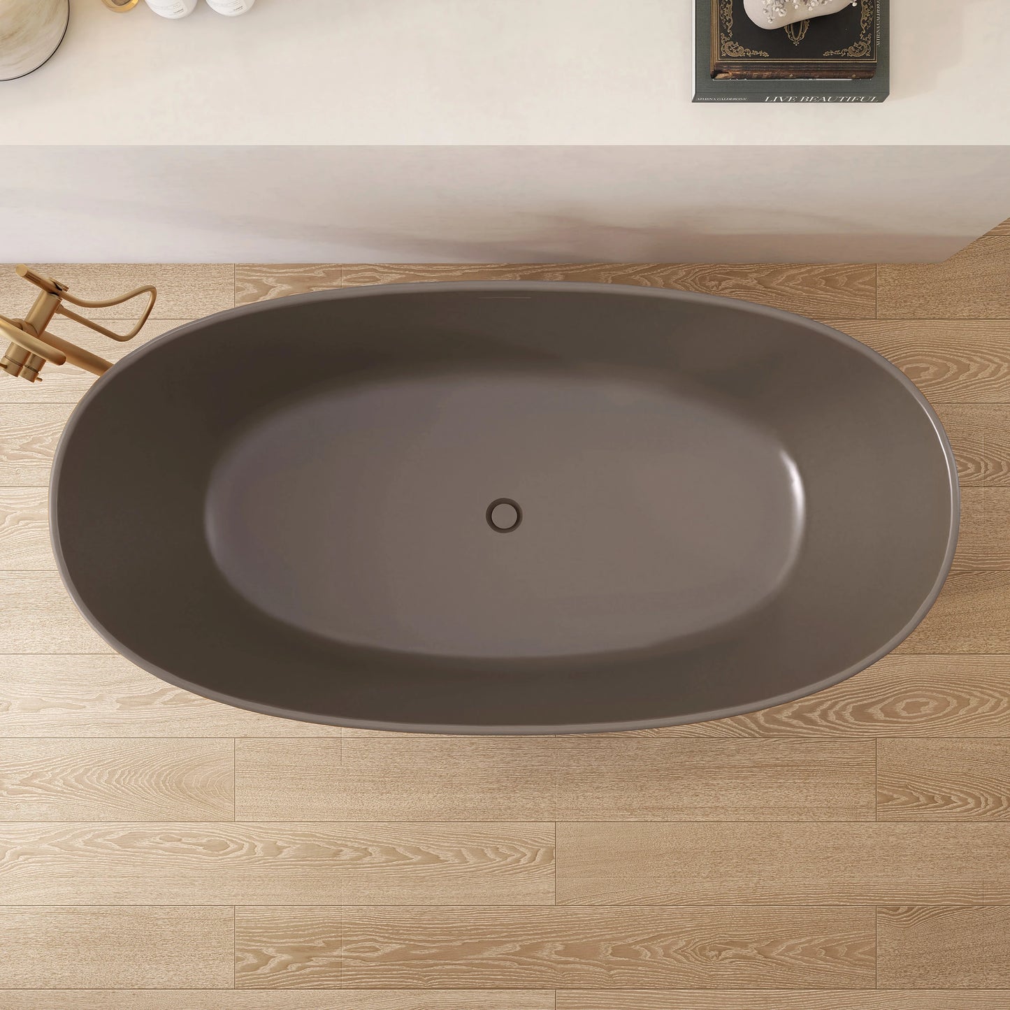 65” Gray Coffee Solid Surface Freestanding Soaking Tub