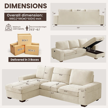 100" Convertible Sectional Sofa with Hidden Storage and Charging Ports