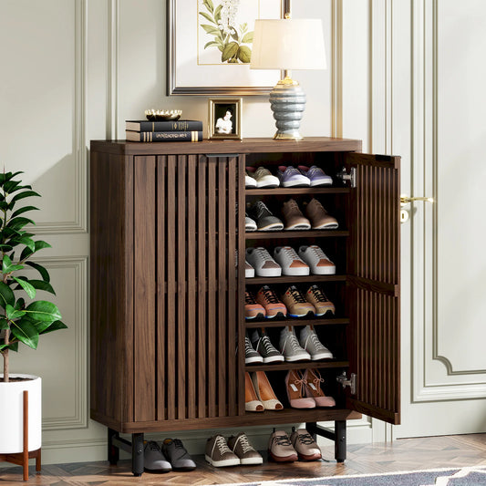 Dark Walnut Louvered Door Shoe Cabinet