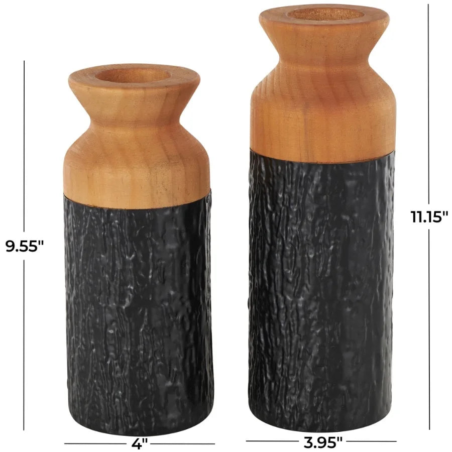 Abstract Black Metal Vases with Wood Tops, Set of Two