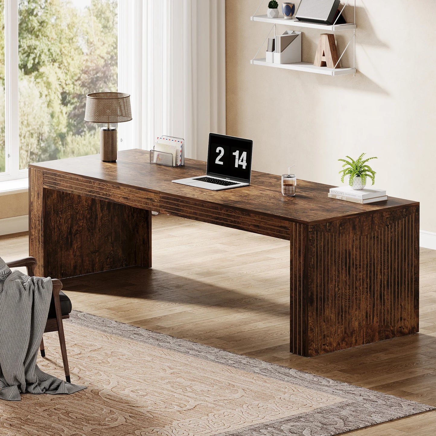 79 Inch Double Desk with Modern Wood Grain Design