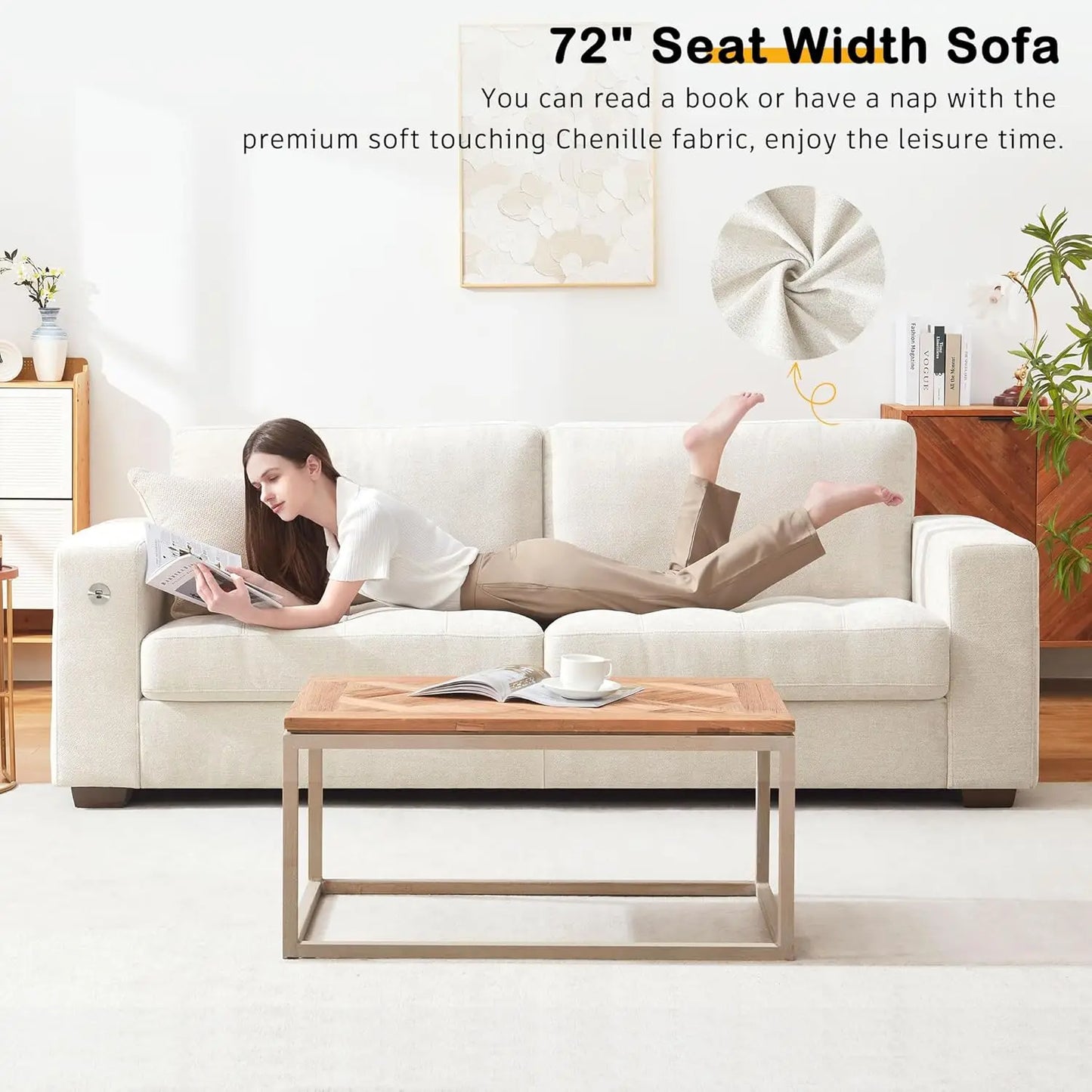 Chenille Sofa with USB Ports and Deep Cushion Comfort
