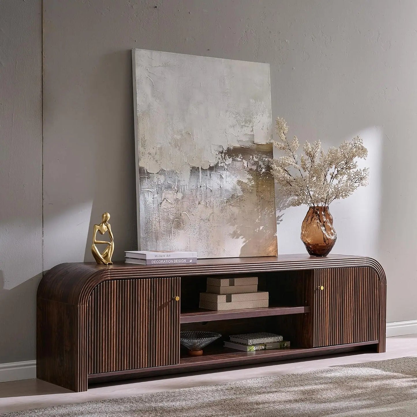 TV Stand with Gold Accents and Rounded Edge Design