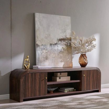 TV Stand with Gold Accents and Rounded Edge Design