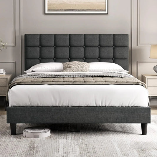Modern Tufted Queen Platform Bed With Adjustable Headboard