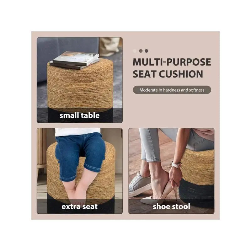 Handwoven Natural Seagrass Round Pouf Ottoman