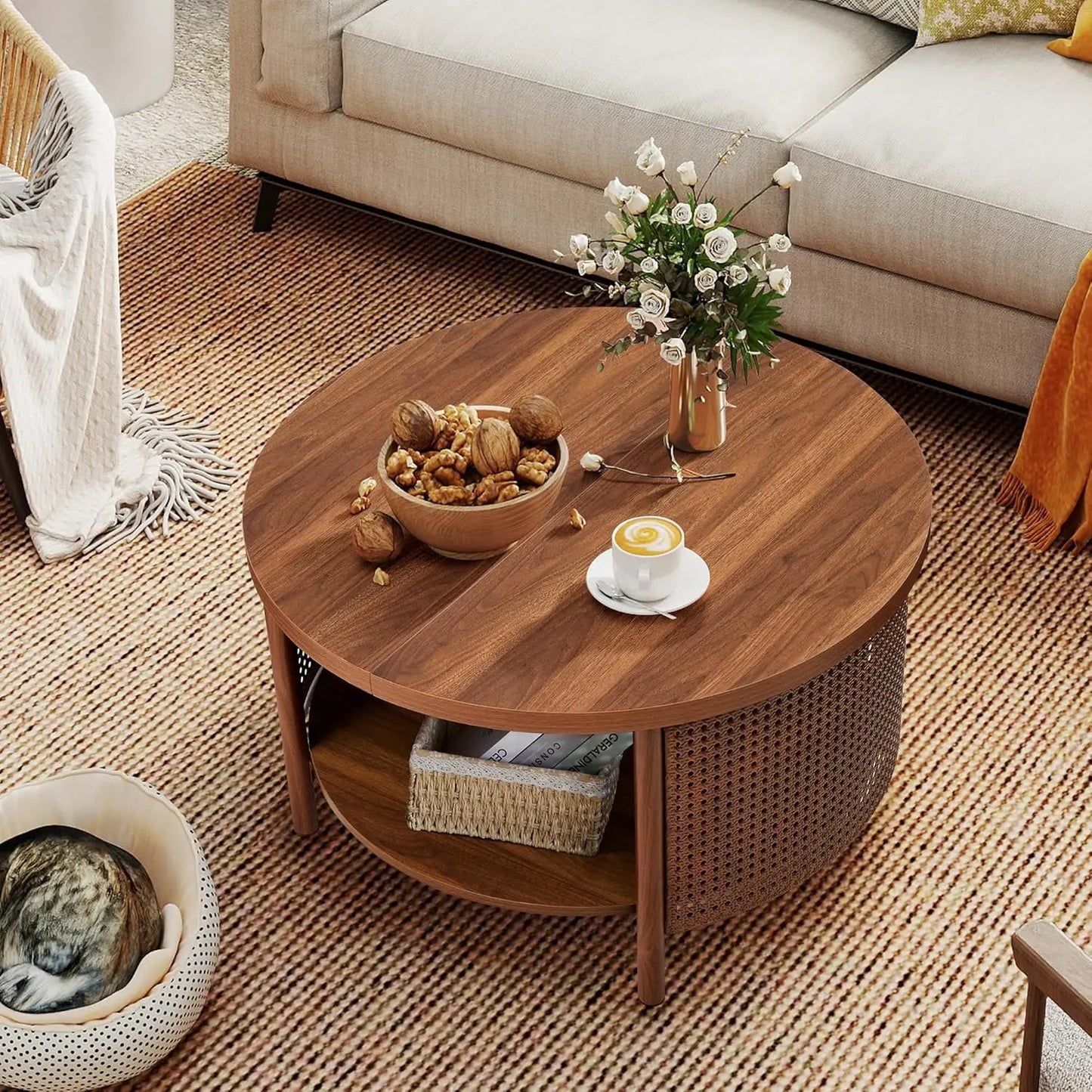 Round Rattan Coffee Table with Two-Tier Storage Design