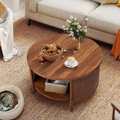 Round Rattan Coffee Table with Two-Tier Storage Design