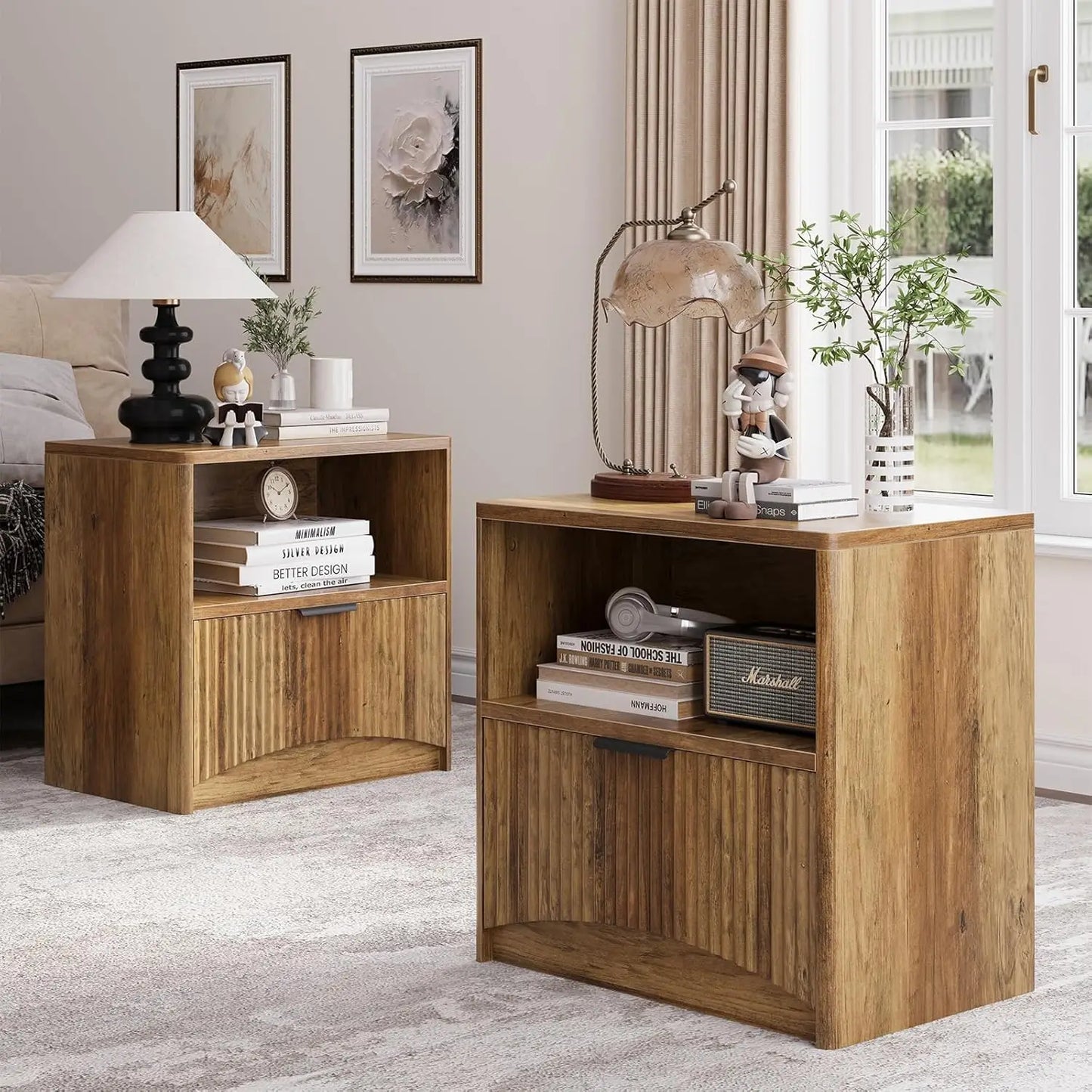 Fluted Wood Nightstand Set With Modern Storage Design