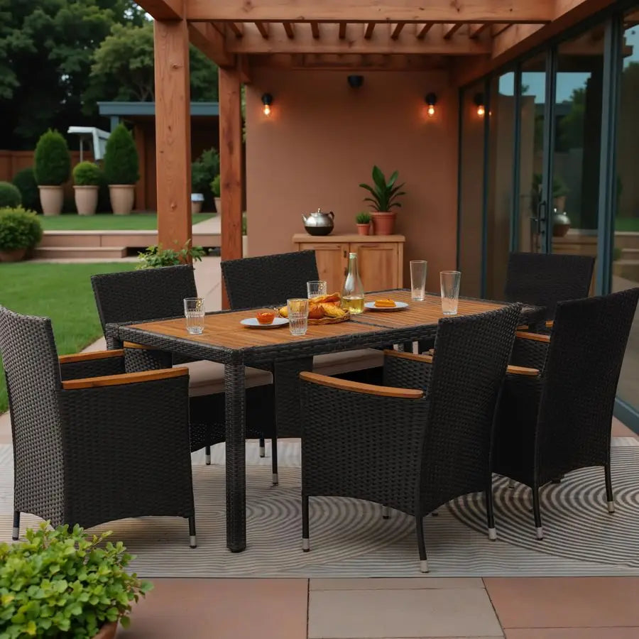 7 Piece Outdoor Dining Set with Cushioned Seating and Wood Table
