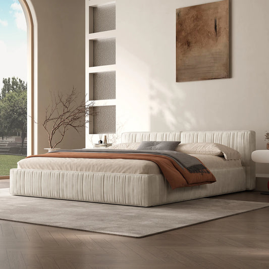 Modern Chenille Platform Bed with Pleated Detail