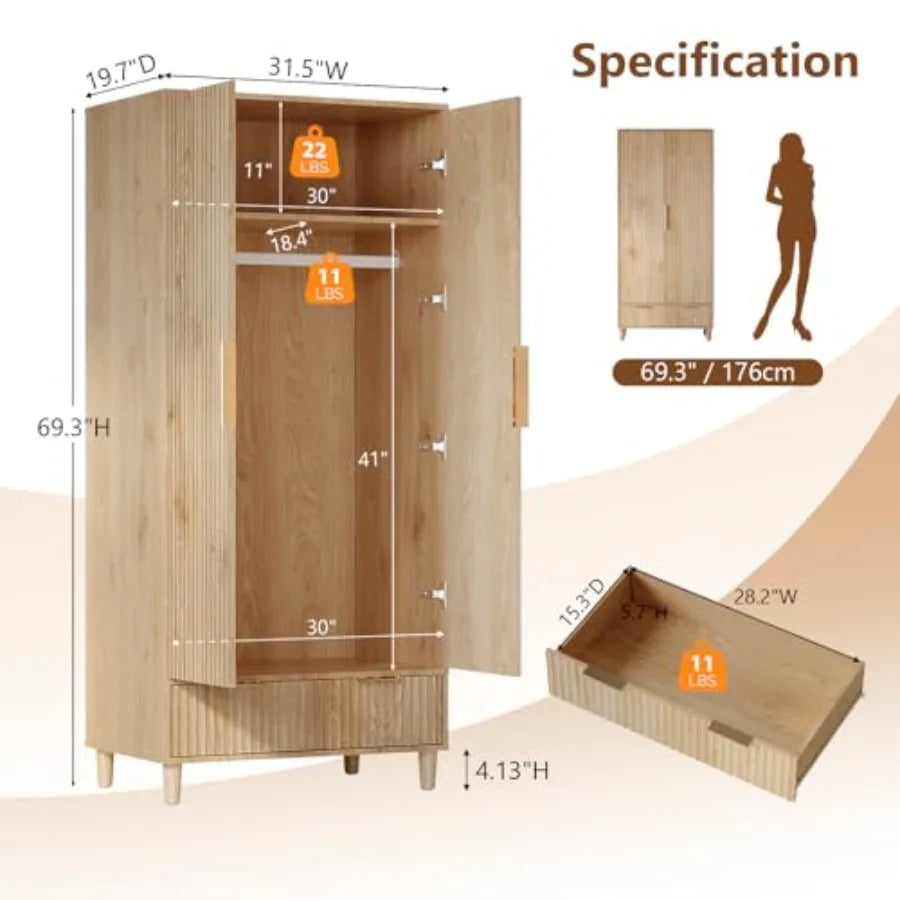 Fluted Wardrobe Armoire with Sculpted Front and Gold Hardware