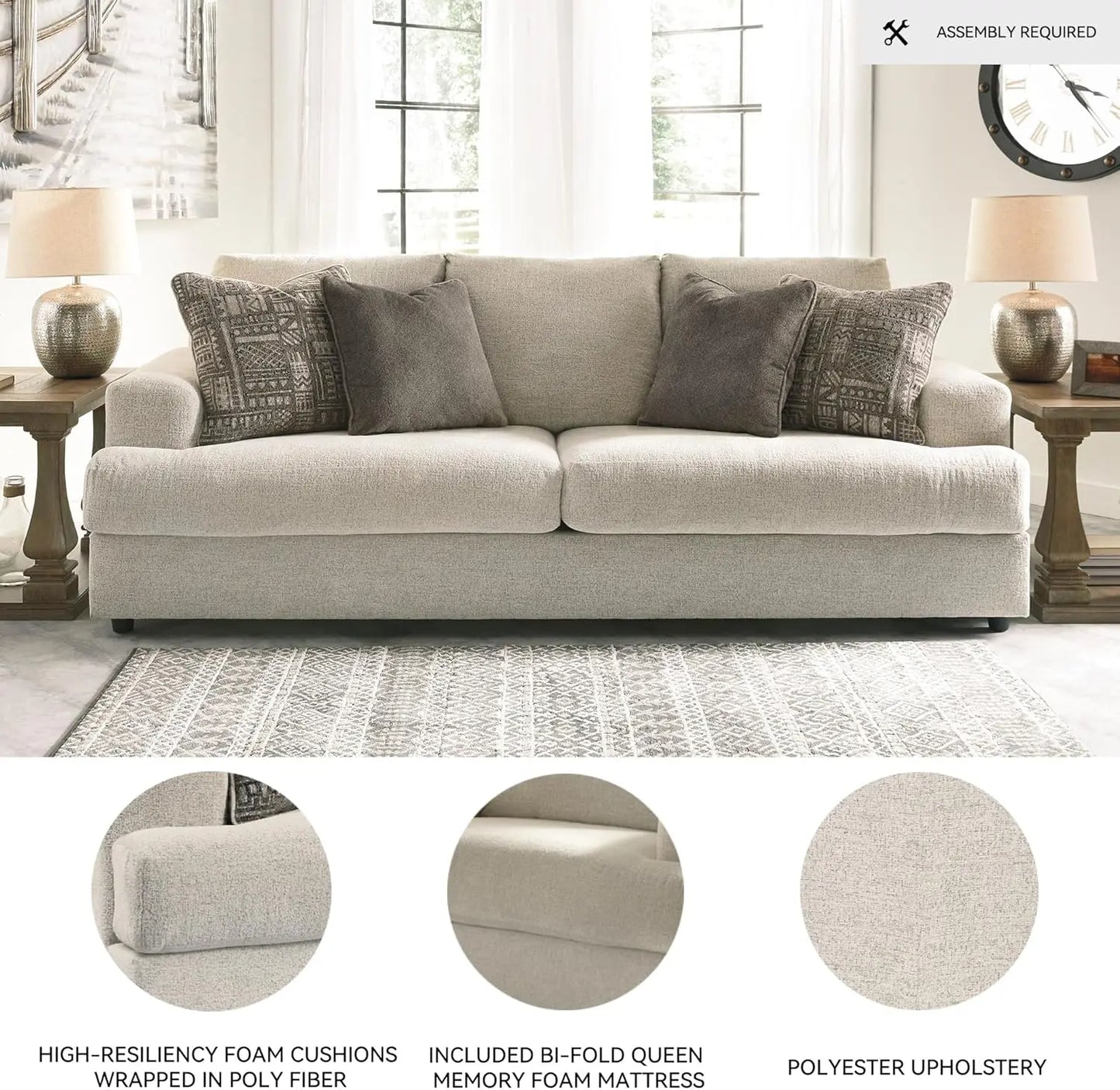 Chenille Queen Sofa Sleeper with Deep Seating and Pillows