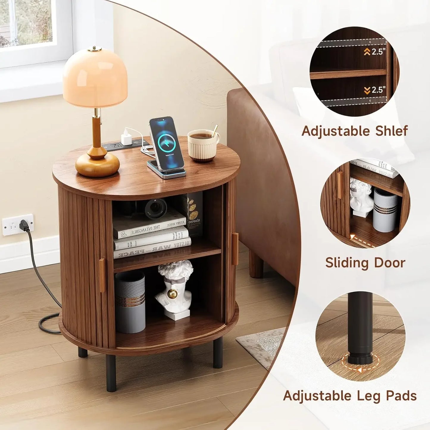 Mid-Century Side Table with Charging Station and Sliding Door