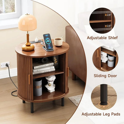 Mid-Century Side Table with Charging Station and Sliding Door