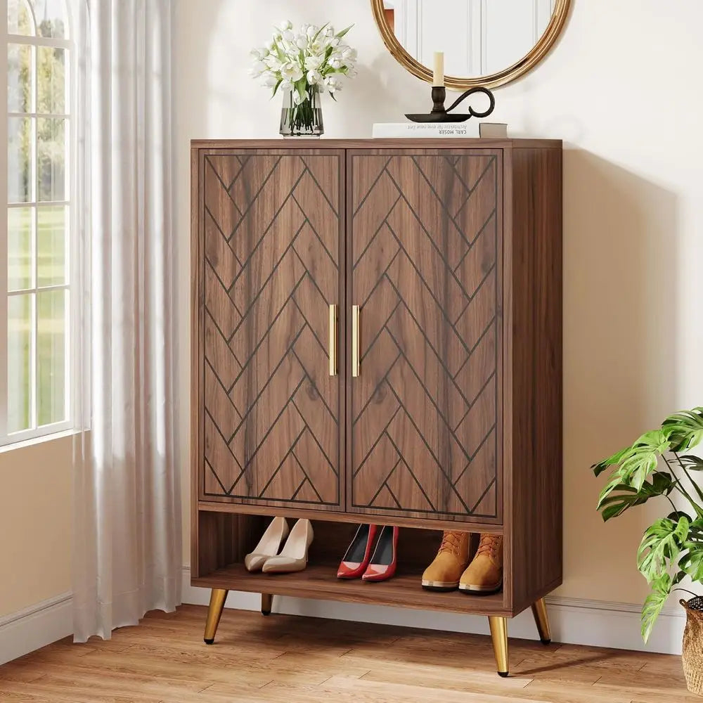 Shoe Storage Cabinet with Adjustable Shelves and Gold Legs