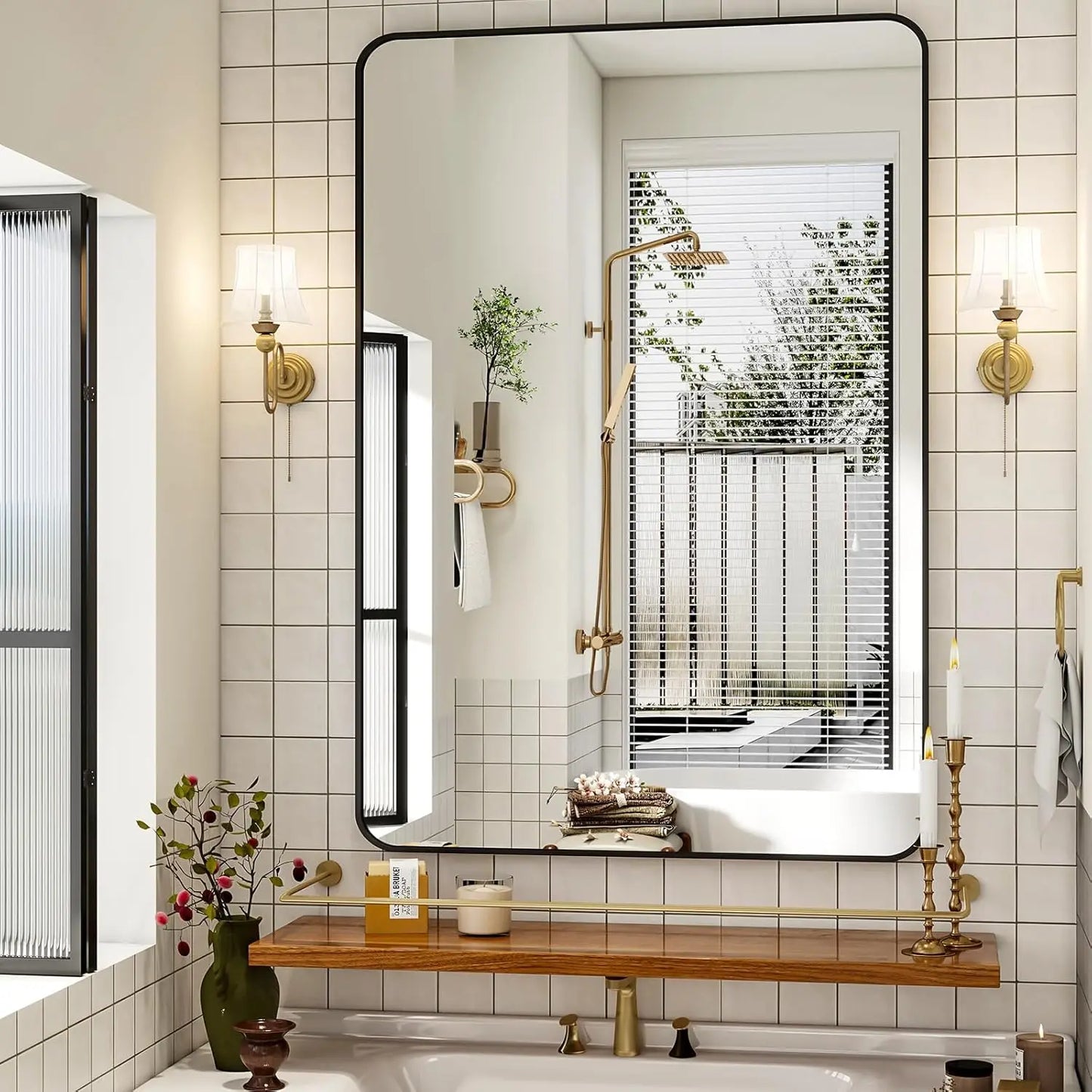 Black Framed Bathroom Mirror with Rounded Rectangle Design