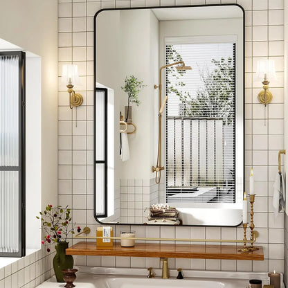 Black Framed Bathroom Mirror with Rounded Rectangle Design