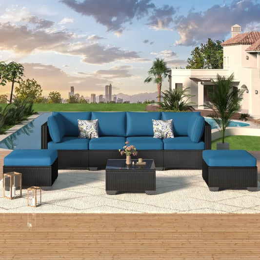 7-Piece Outdoor Furniture Set, Wicker Sectional with Cushions