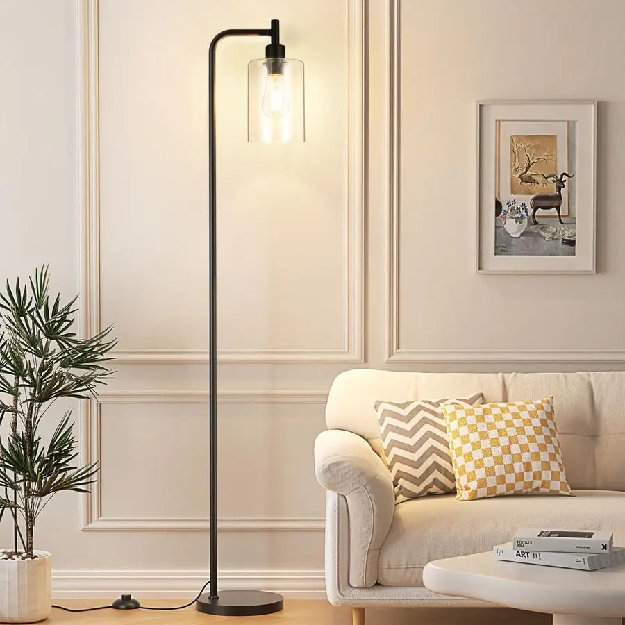 Modern Black Floor Lamp with Glass Shade and Foot Switch