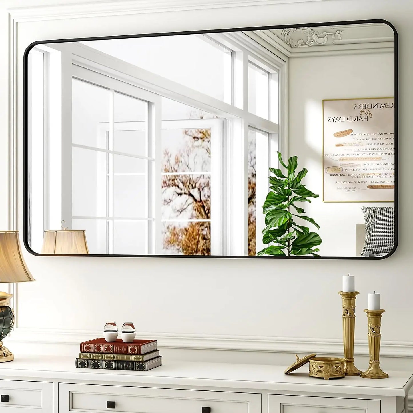 Black Framed Bathroom Mirror with Rounded Rectangle Design
