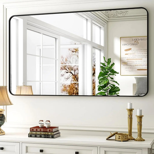 Black Framed Bathroom Mirror with Rounded Rectangle Design