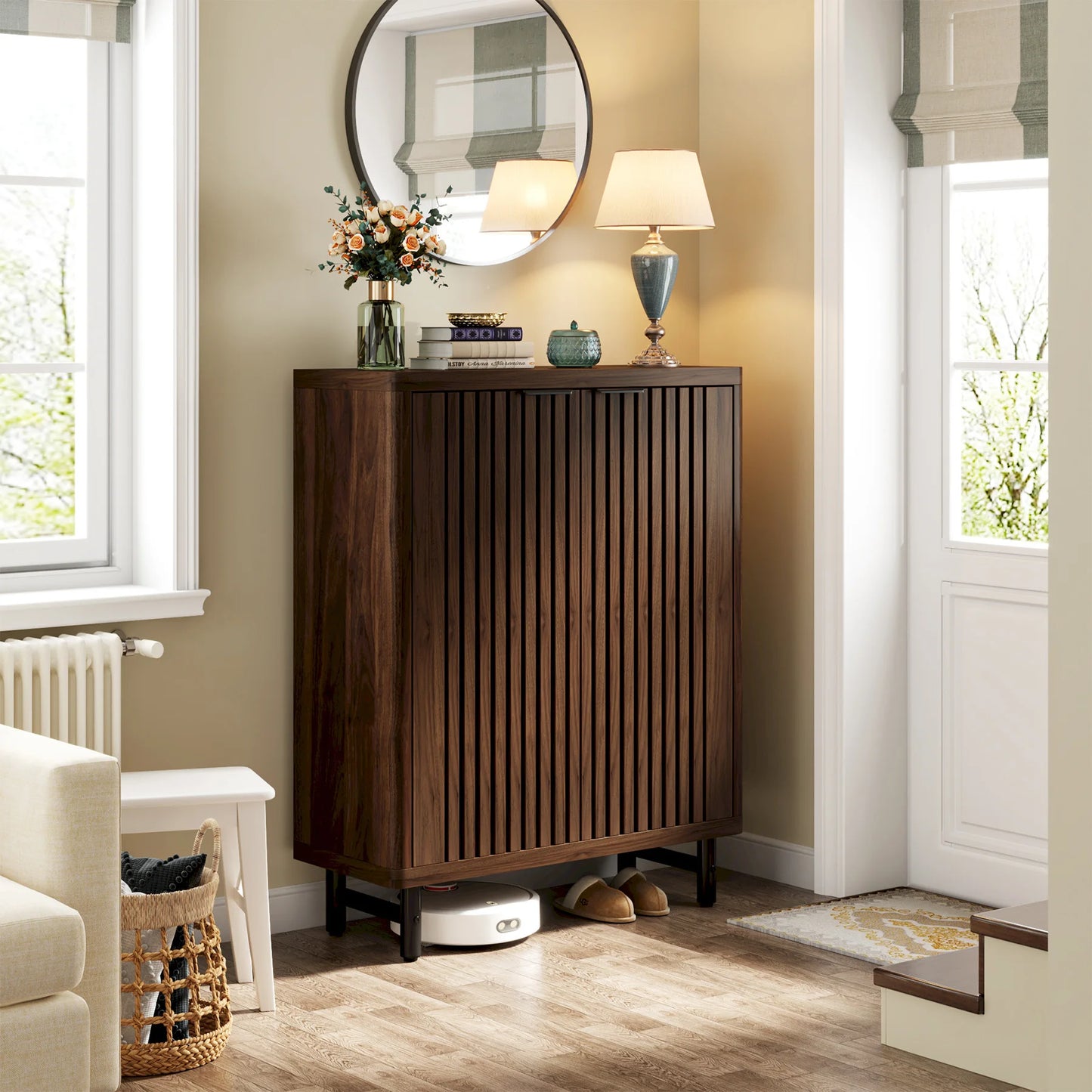Modern Walnut Shoe Storage Cabinet With Louver Doors