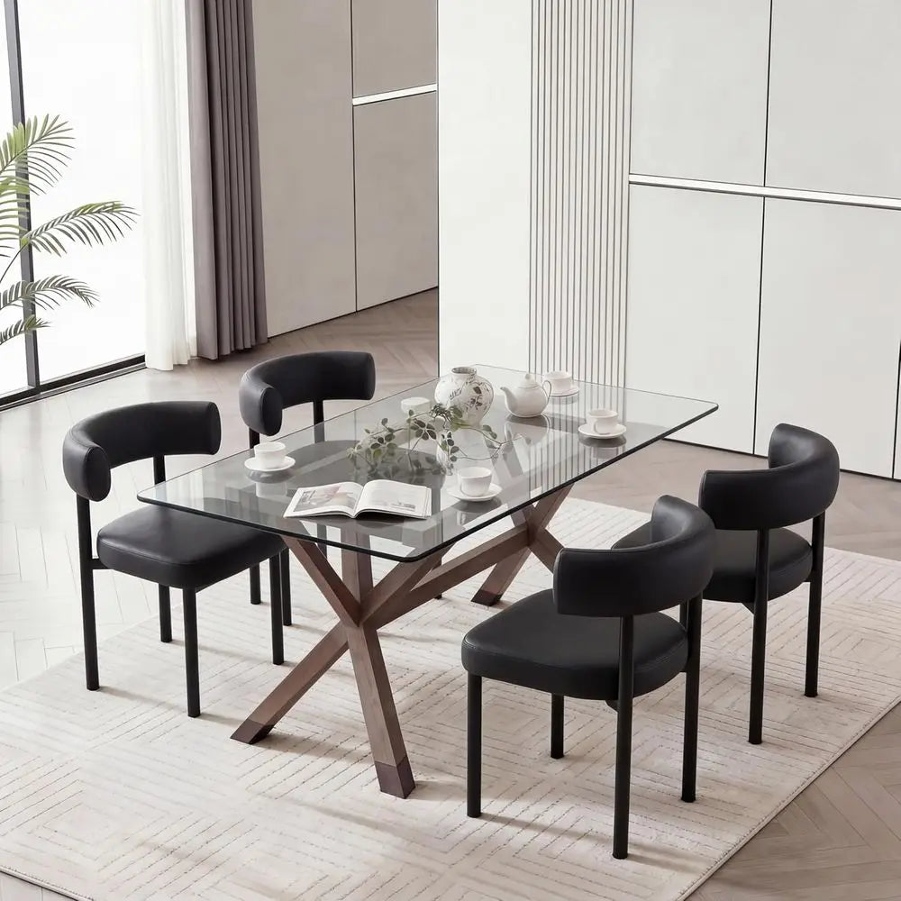 Leather Dining Chairs Set of 2 with Curved Back and Metal Legs