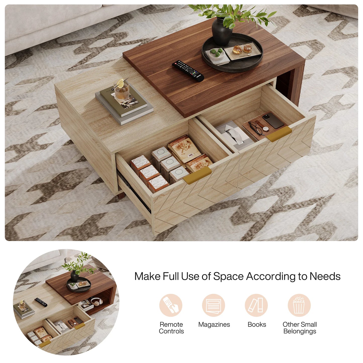 Dual-Tone Expandable Coffee Table with Brass Accents